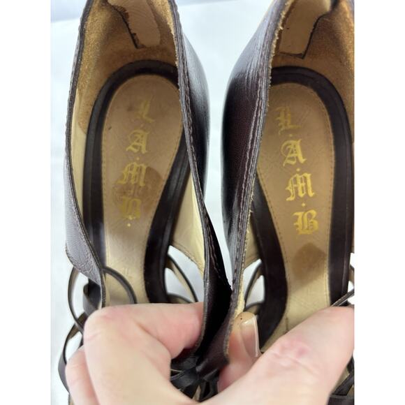 LAMB L.A.M.B Platform Heels Brown Leather 8.5 M Strappy Open Toe Zip - Picture 8 of 10